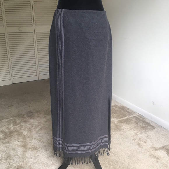 DANA BUCHMAN LONG WOOL GRAY MAXI SKIRT FRINGE - Picture 2 of 8